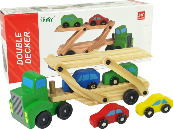 Lean Toys Medinis žalias vilkikas su žaisliniais automobiliais