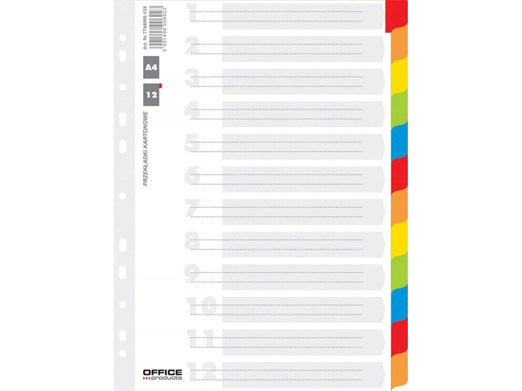 Office Products overstykker, karton, A4, 227x297 mm, 12 stk, lamineret indeks, blandede farver
