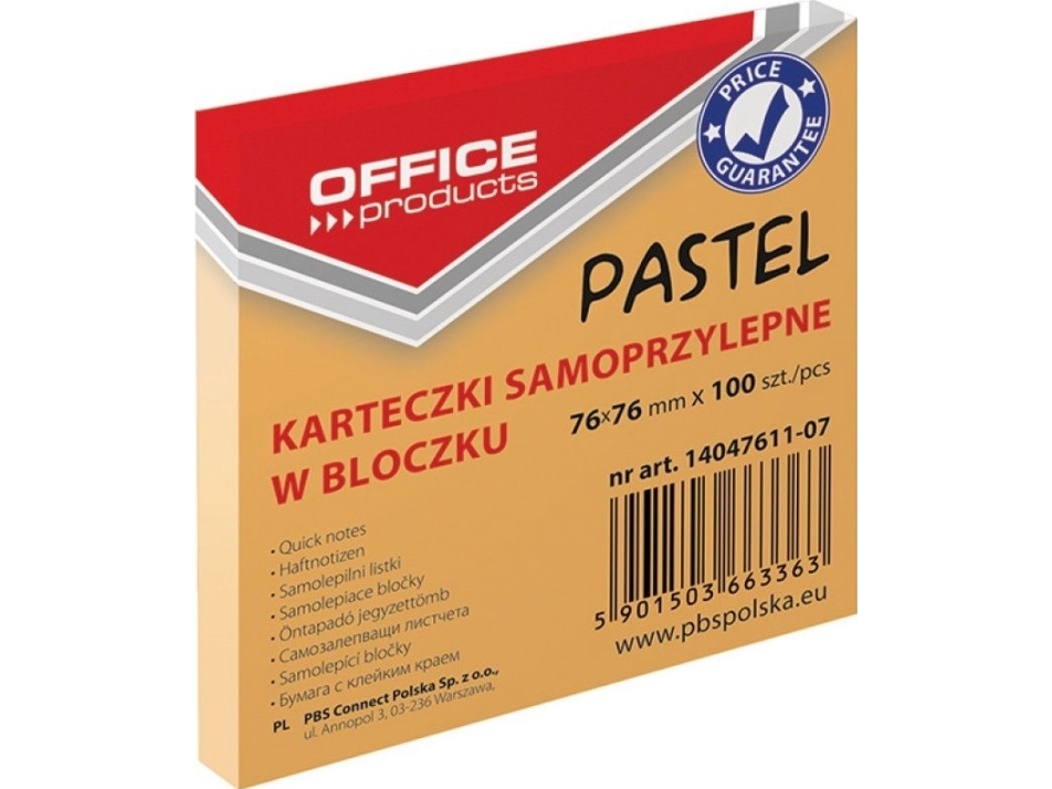 Office Products Notes Samopræklæbende 76X76 Mm Pastel Orange