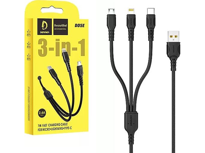 Denmen Usb-A - Usb-C + Microusb + Lightning Kabel 1 M Schwarz (29360)