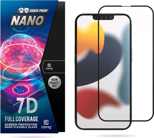 Crong 7D Nano Flexibles Glas - Unzerbrechliches 9H Hybridglas Für Vollbildschirm Iphone 14 / Iphone 13 / Iphone 13 Pro