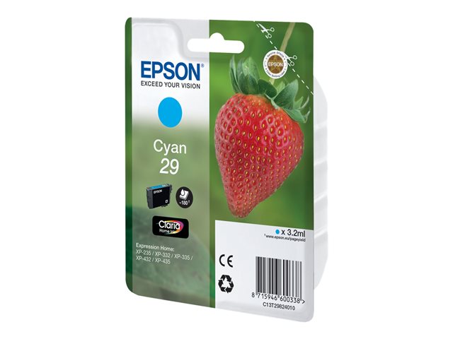 Epson 29 - 3.2 Ml - Cyan - Original - Blækpatron - For Expression Home Xp-235, 245, 247, 332, 335, 342, 345, 432, 435, 442, 445