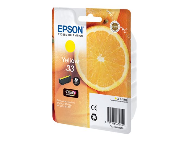 Epson 33 - 4.5 Ml - Gul - Original - Blister - Blækpatron - For Expression Home Xp-635, 830 Expression Premium Xp-530, 540, 630, 635, 640, 645, 830,