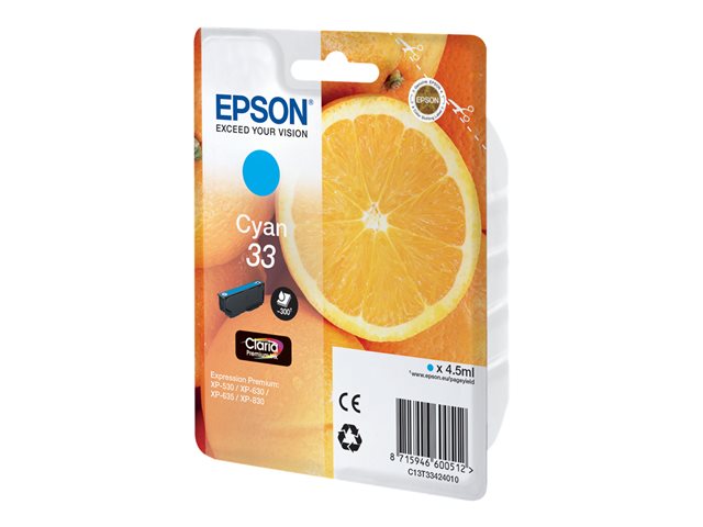 Epson 33 - 4.5 Ml - Cyan - Original - Blister - Blækpatron - For Expression Home Xp-635, 830 Expression Premium Xp-530, 540, 630, 635, 640, 645, 830,