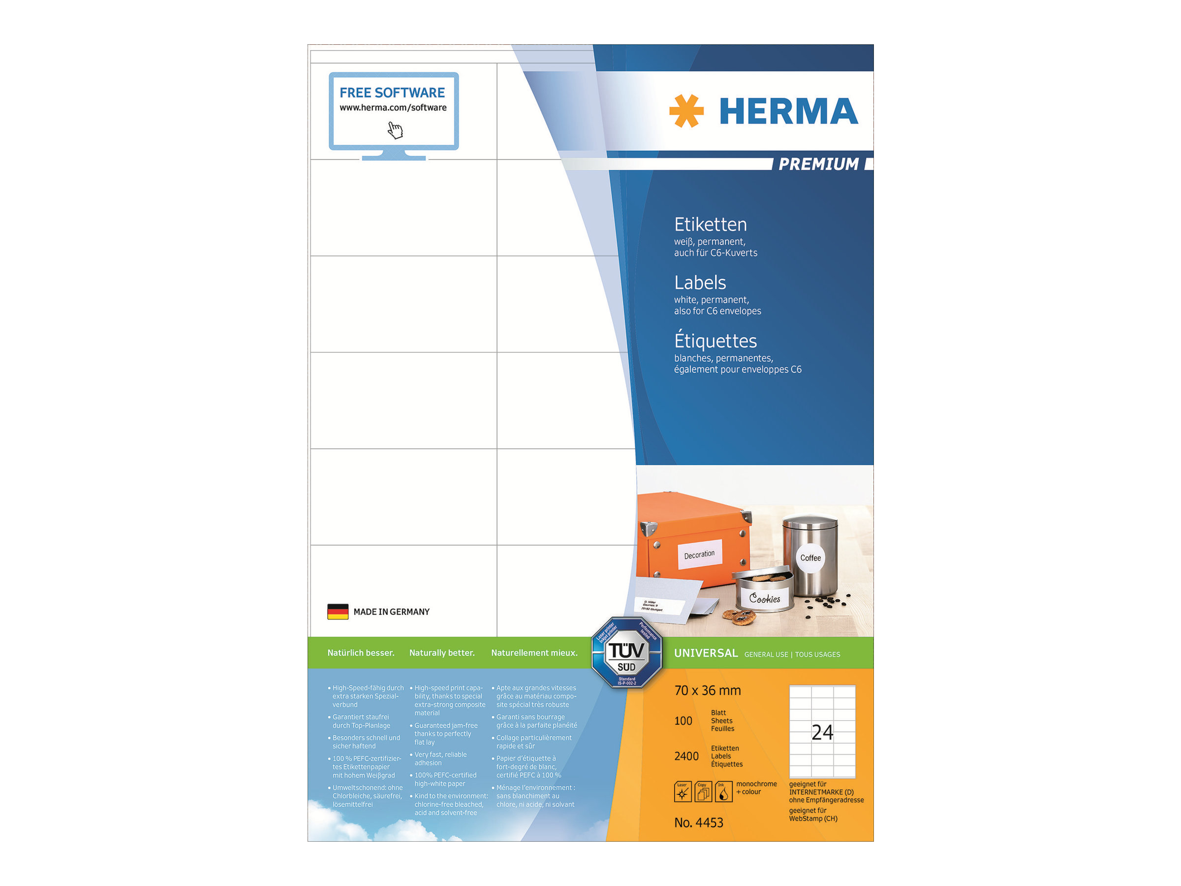 HERMA Premium - Papir - mat - permanent selvklæbende - hvid - 70 x 36 mm 2400 etikette(r) (100 ark x 24) laminerede etiketter