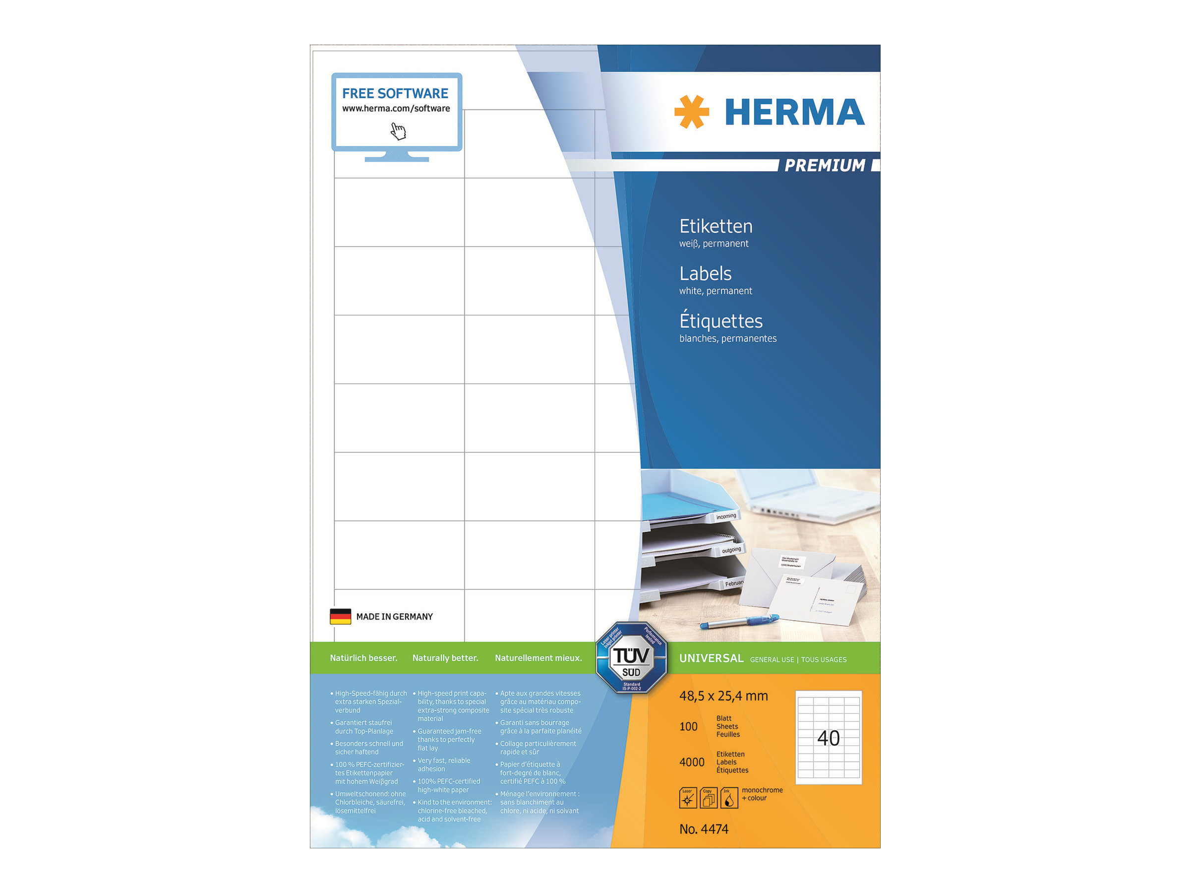 HERMA Premium - Papir - mat - permanent selvklæbende - hvid - 48.5 x 25.4 mm 4000 etikette(r) (100 ark x 40) laminerede etiketter