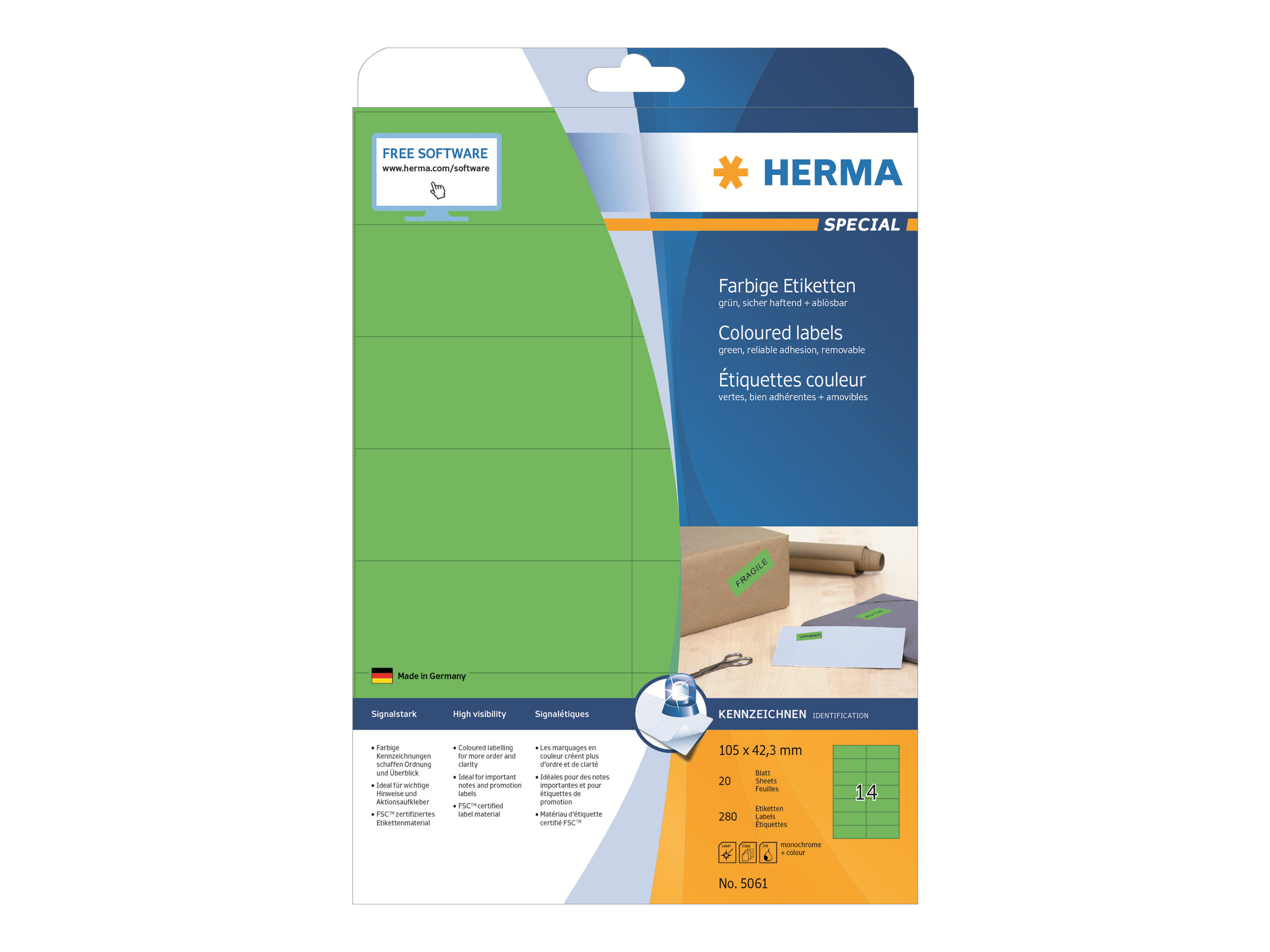 Herma Farbige Etiketten A4 105X42.3 Mm Grün Papier Matt 280 St., Grün, Selbstklebendes Druckeretikett, A4, Papier, Laser/Inkjet, Entfernbar