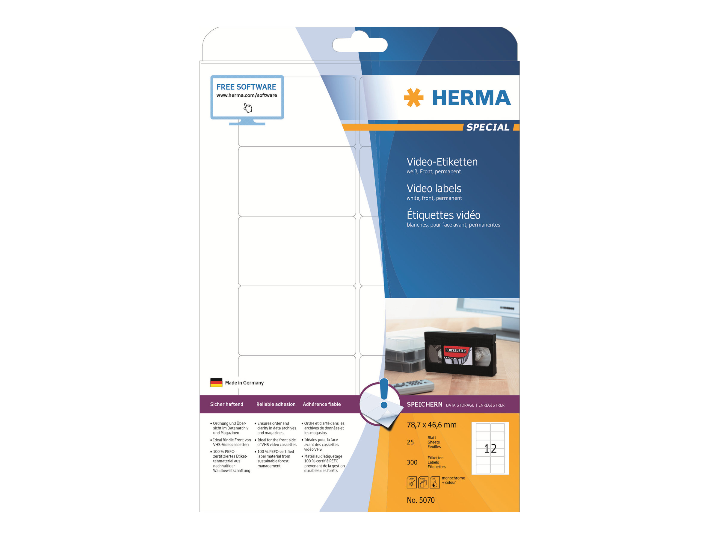 HERMA Special - Papir - mat - permanent selvklæbende - hvid - 78.7 x 46.6 mm 300 etikette(r) (25 ark x 12) etiketter for videobånd