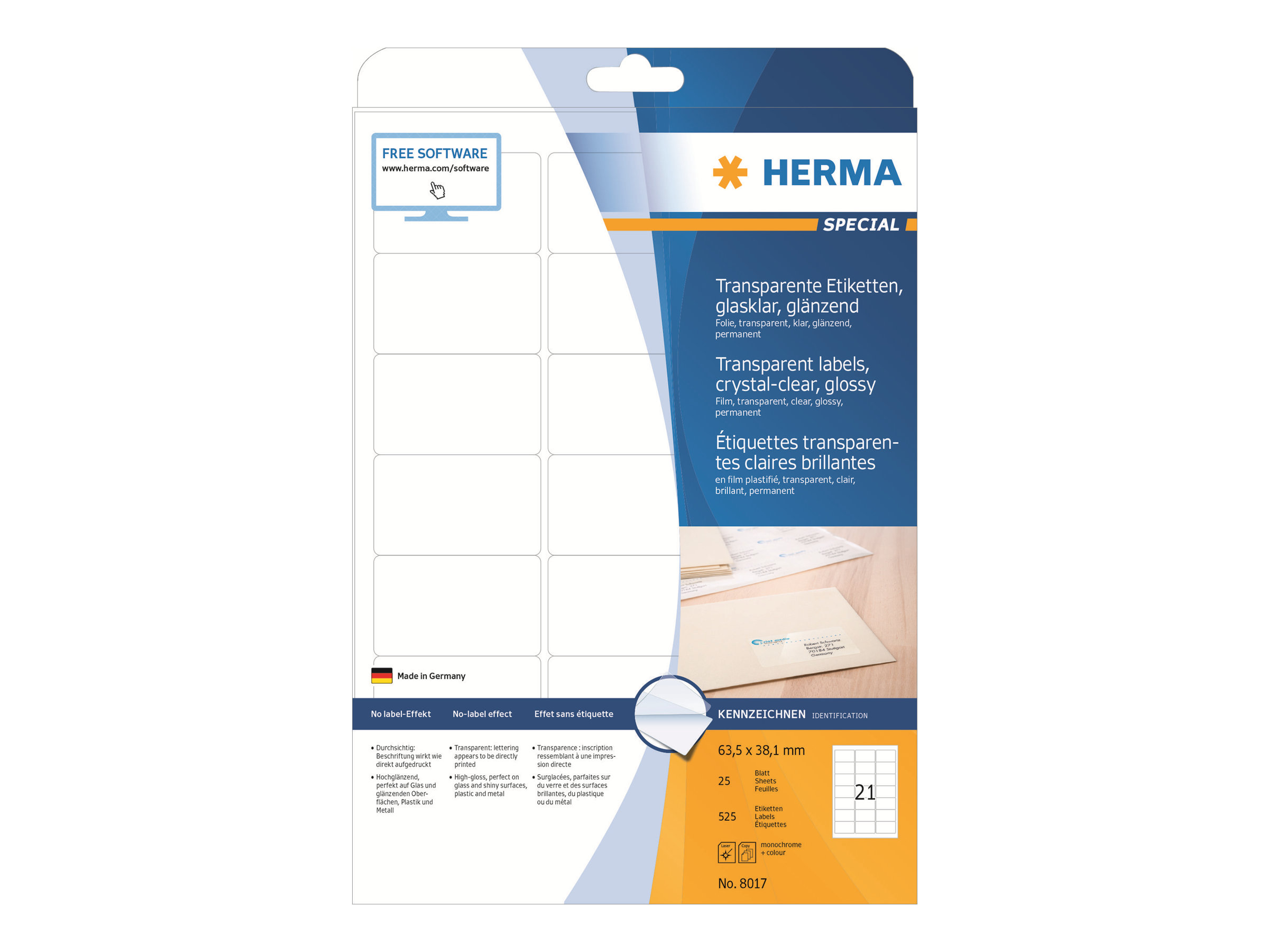 Herma Etiketten Transparent Glasklar A4 63.5X38.1 Mm Transparent Klar Folie Glänzend 525 St., Transparent, Selbstklebendes Druckeretikett, A4, Laser,