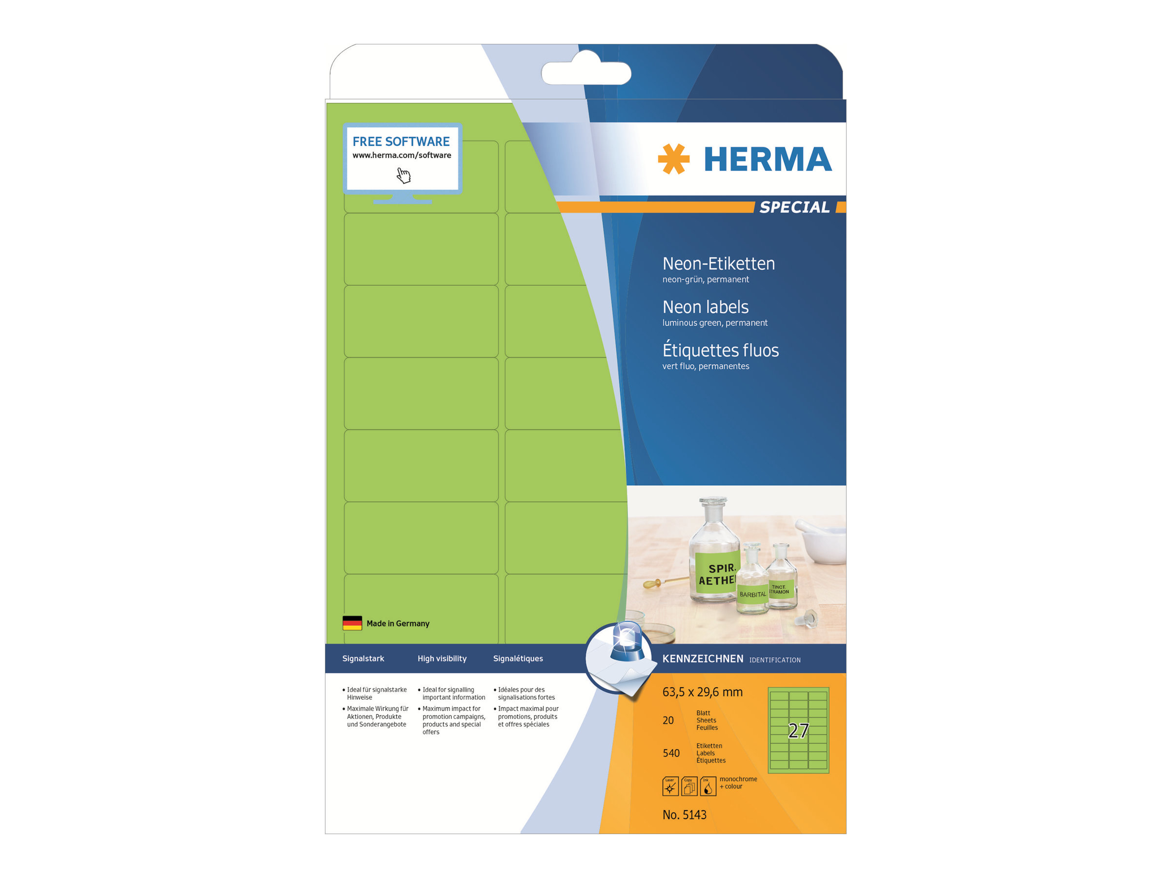 HERMA Special - Papir - matt - permanent selv-adhesiv - lysende grønn - 63.5 x 29.6 mm 540 etikett(er) (20 ark x 27) fluorescerende etiketter