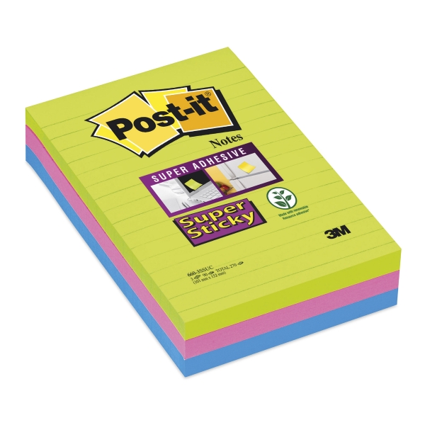 Post-It Super Sticky Large Notizen, Regnbuefarver, 3 Linj. Blokke, 101Mm X 152Mm