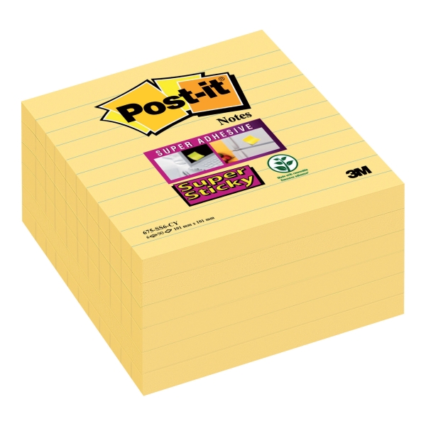 Post-It Super Sticky Large Notes, Canary Yellow, Linjerede, 101 X 101Mm, 6 Stk