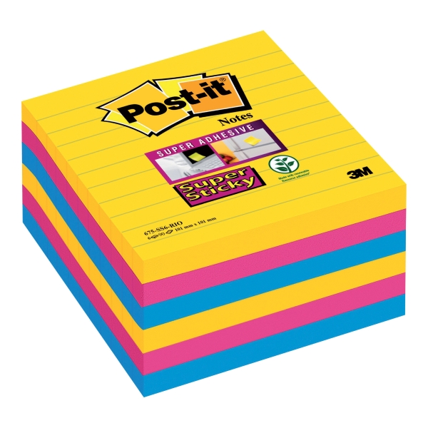 Post-It Super Sticky Large Notes Karneval, 6 Linjerede Blokke, 101Mm X 101Mm