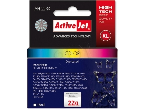 Activejet Ah-22Rx-Blæk (Erstatning Hp 22Xl C9352a Premium 18 Ml Farve), Højt (Xl) Udbytte, Farvebaseret Blæk, 18 Ml, 1 Stk, Enkelt Pakke