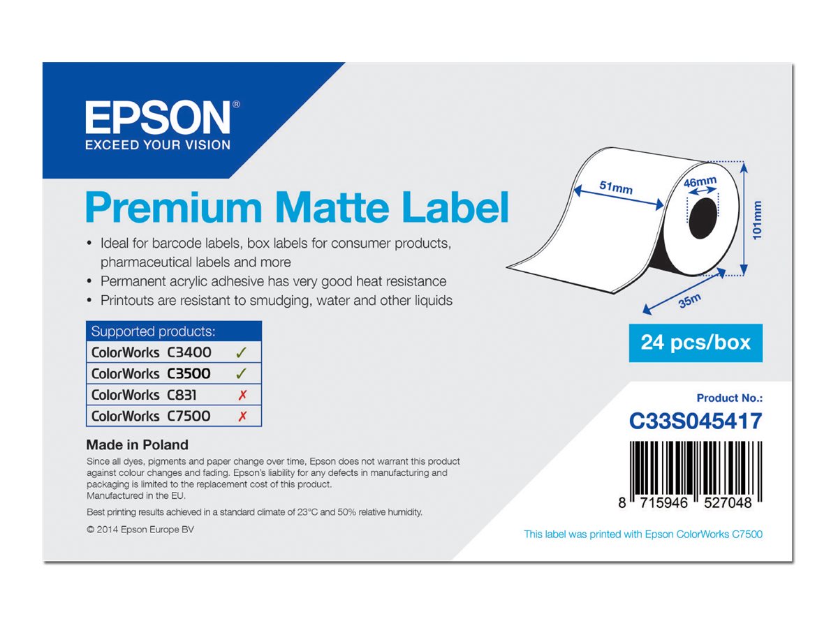 Epson Premium - Matt - Rulle (5,1 cm x 35 m) 1 rulle (rullar) löpande etikettpapper - för Epson TM-C3400-LT ColorWorks CW-C4000E (BK), CW-C4000E (MK) TM C3400, C3400BK, C3500 | Papper & Emballage - Taggar - Kopiera etiketter | GameStuff