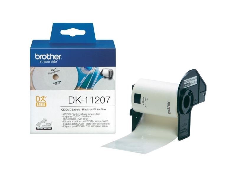 Brother DK-11207 - Sort på hvid - 100) CD/DVD etiketter - for Brother QL-1050, 1060, 500, 550, 560, 570, 580, 600, 650, 700, 710, 820