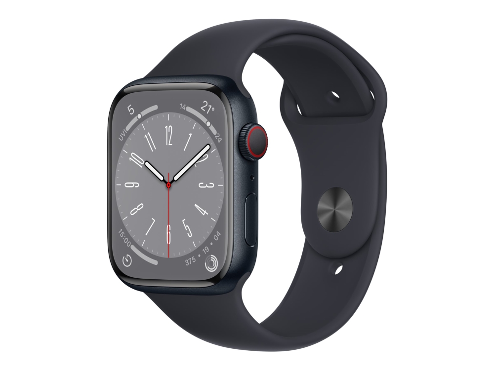 Apple Watch Series 8 (GPS + Cellular) - 45 mm - midnight aluminium - smart klocka med sportband - fluoroelastomer - midnatt - bandstorlek: normal - 32 GB - Wi-Fi, LTE, Bluetooth, UWB - 4G - 38,8 g | Sport & Träning - Pulsklockor & Smartwatches - Smartklockor | GameStuff