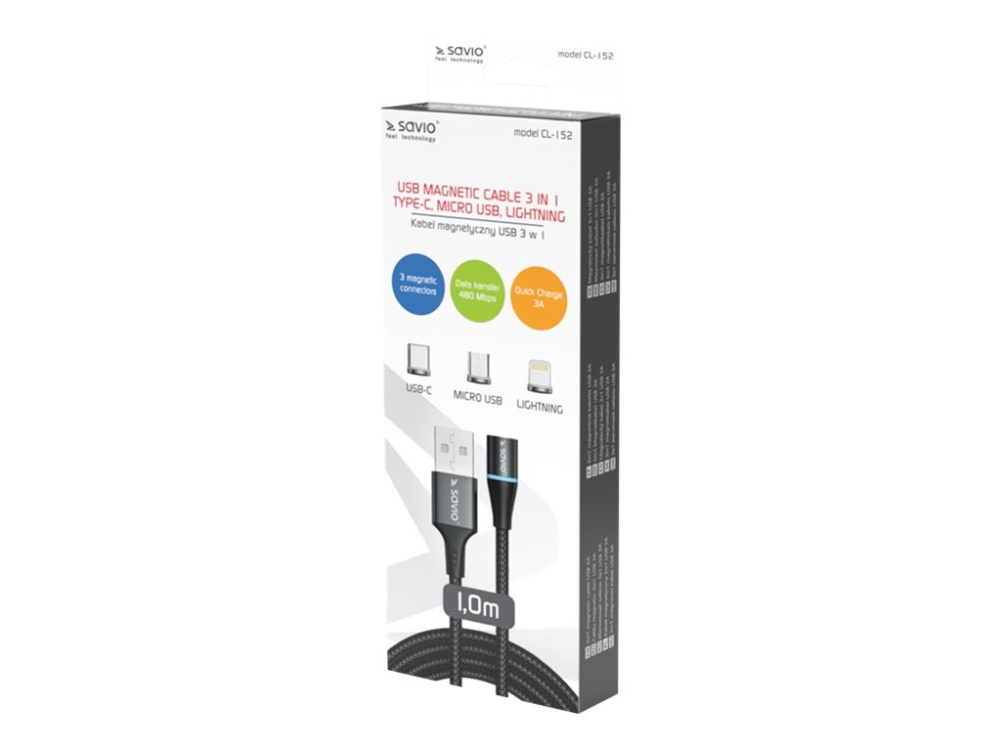 Savio Cl-152 - Opladnings/Datakabelsæt - Usb Han Til Micro-Usb Type B, Lightning, Usb-C Han Aftagelig Og Magnetisk - 1 M - Sort