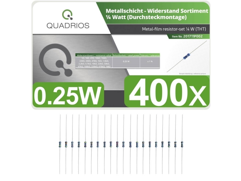Quadrios 201711P002 metallfilmsmotstånd sortiment, axialt, 0,25 W 1 %, 400 st. (201711P002) | Motstånd | GameStuff