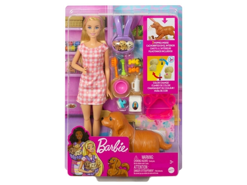 Barbie Puppe (Blond) Mit Hund Und Welpen