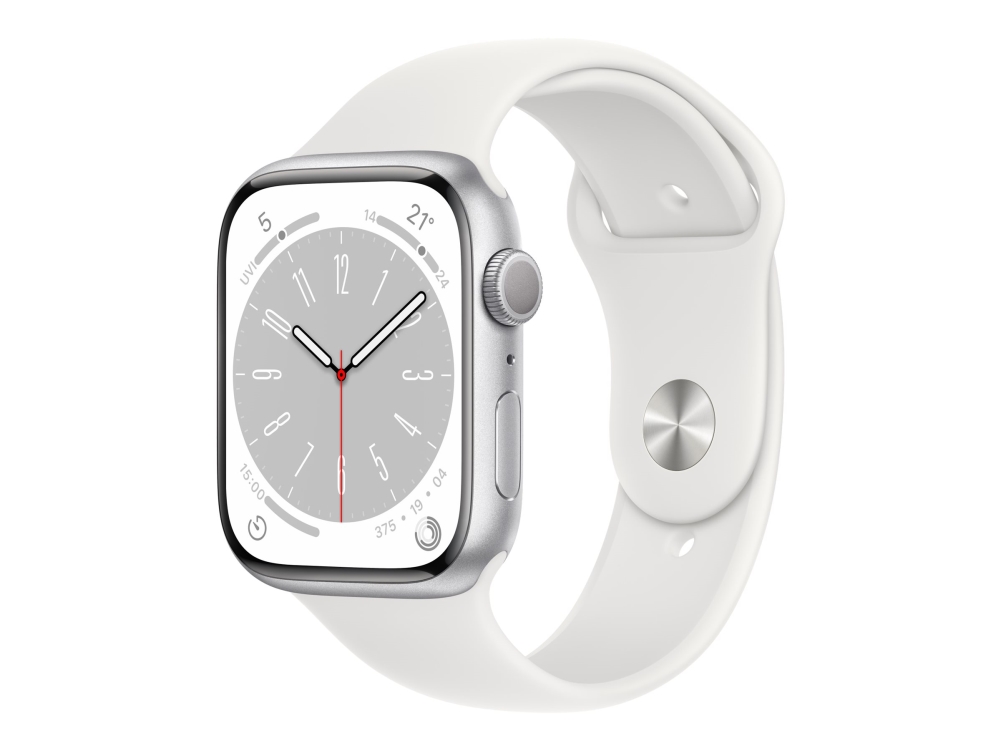 Apple Watch Series 8 (Gps) - 45 Mm - Sølvaluminium - Smart Ur Med Sportsbånd - Fluoroelastomer - Hvid - Båndstørrelse: Almindelig - 32 Gb - Wi-Fi, Bl