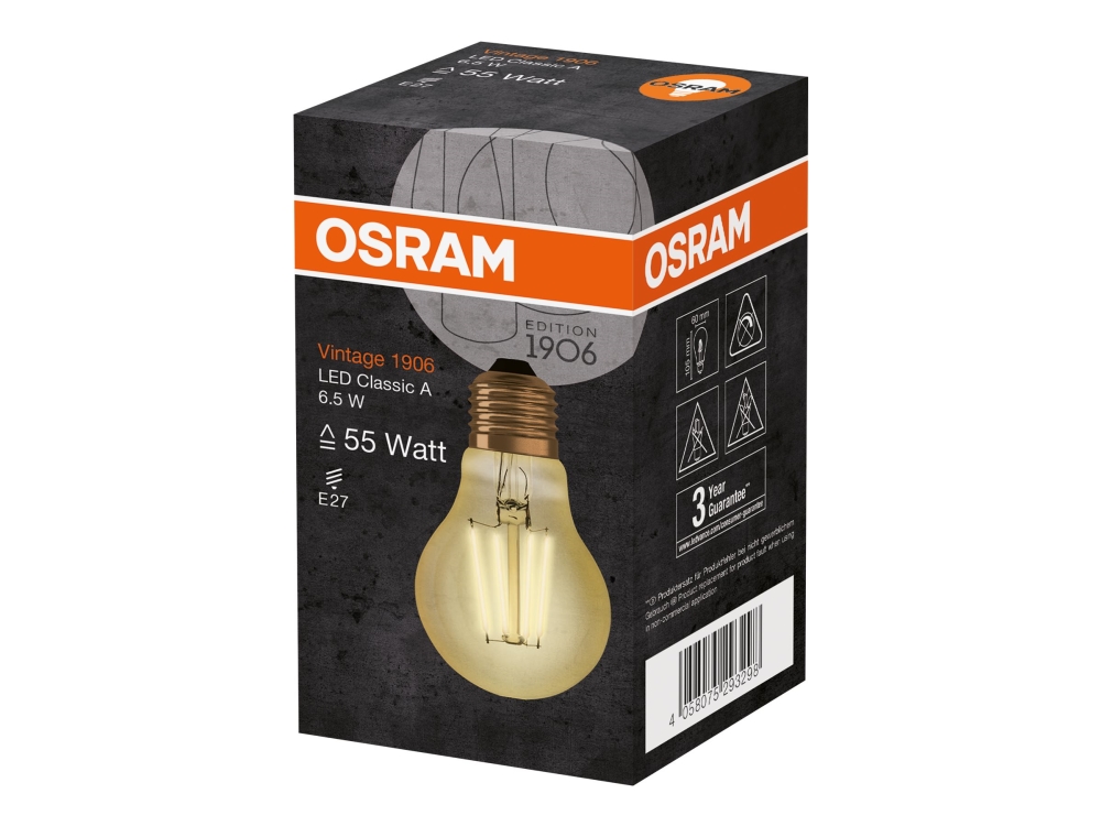 OSRAM Vintage 1906 - LED-glödlampa med filament - form: A60 - E27 - 6.5 W (motsvarande 55 W) - klass F - varmt vitt ljus - 2400 K | Belysning - Ljuskälla - E27 Ljuskälla | GameStuff