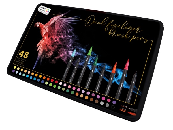 Penseltuscher, dobbeltspidset 2,0 mm & 0,4 mm - 48 stk i flot metalæske - til f.eks. Cozy Coloring | Skola & Hobby - Konstmaterial - Markörer | GameStuff