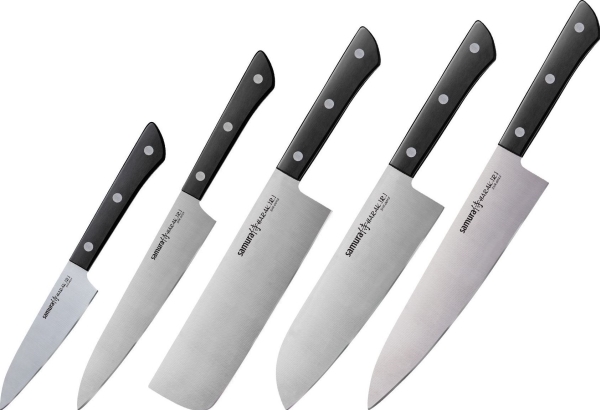 Samura HARAKIRI Set ot 5pcs. Universal Kitchen knives 59 HRC with Juodas handle