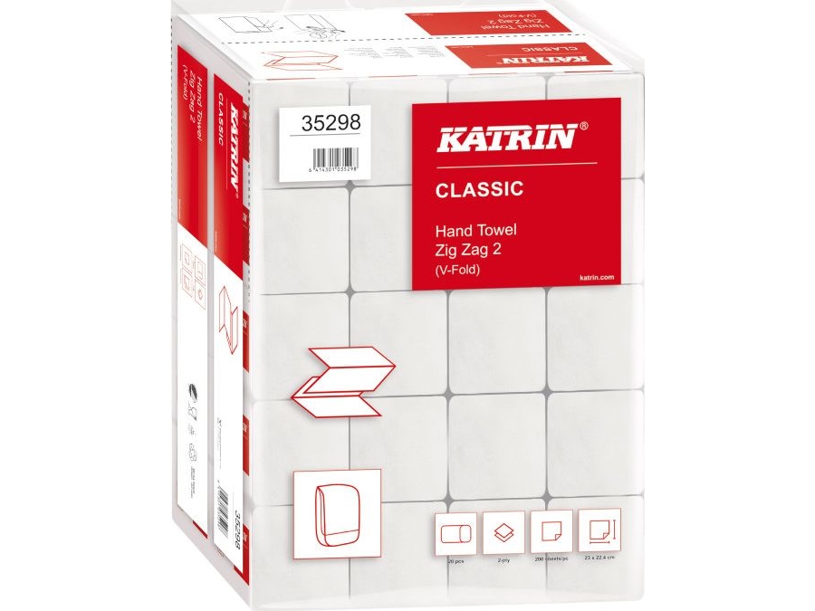 Håndklædeark Katrin V-Fold 2-lag L22.4xB23xD11.5cm Mix Hvid,20 pk x 200 ark/krt