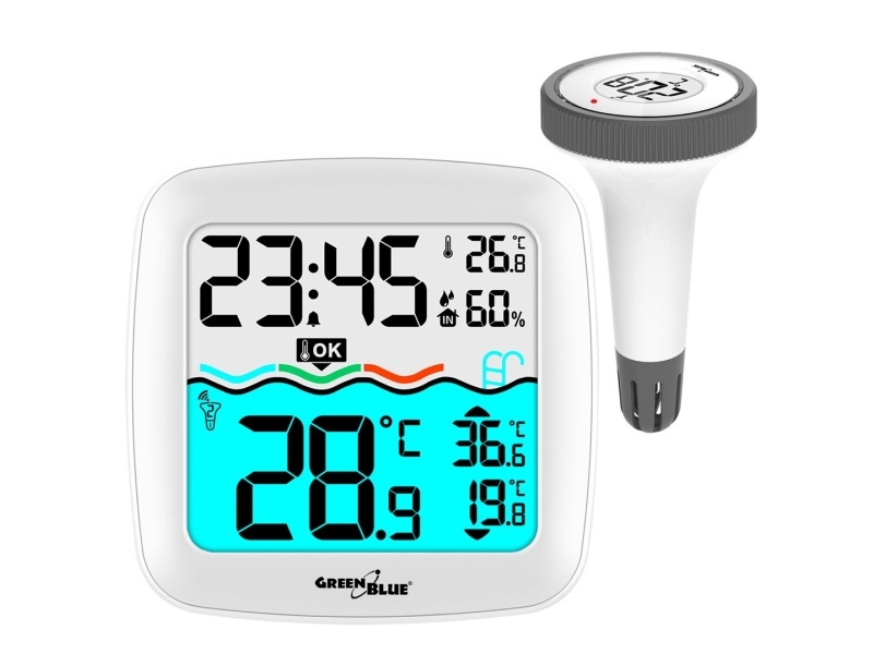 Værstasjon GreenBlue GB216 med bassengtermometer 60m rekkevidde flytende sensor temperatur tid kalender DCF