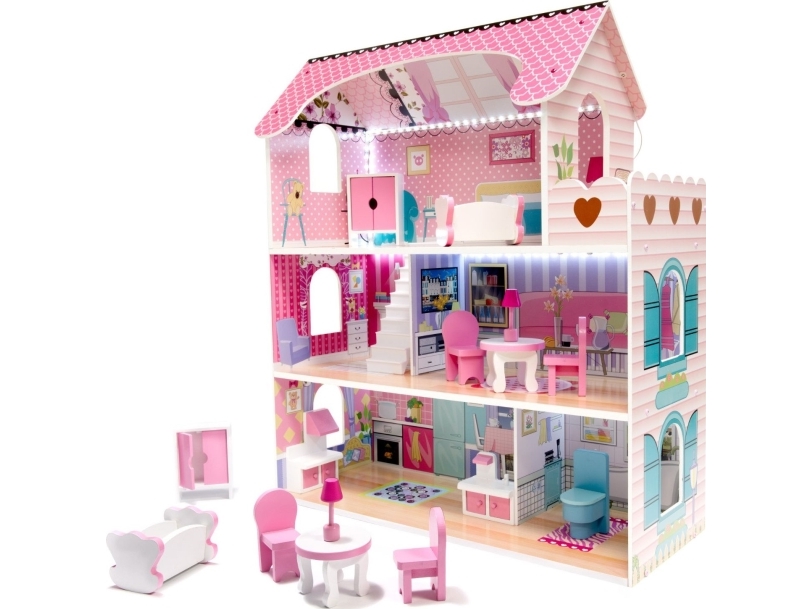 Kontext Dollhouse Pink Villa 70Cm + Furniture And Led