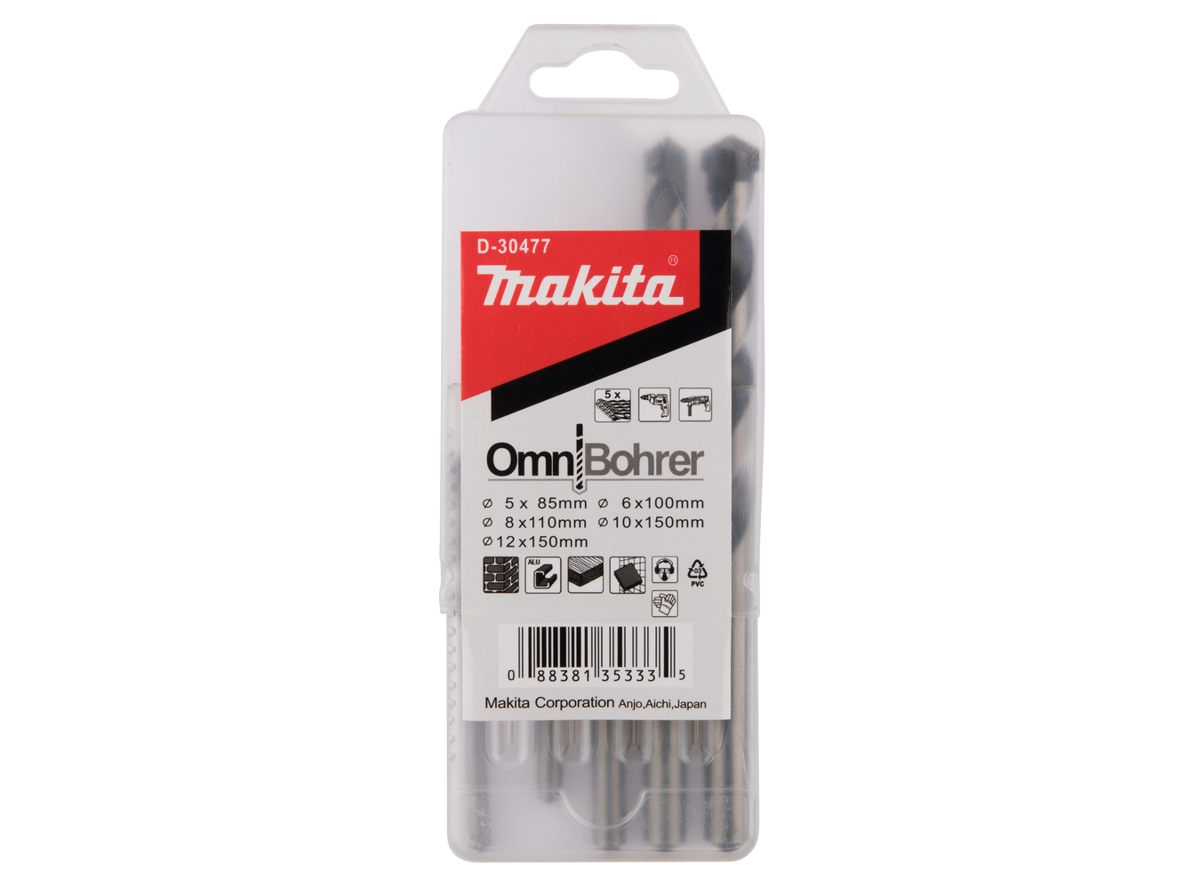 Makita D-30477, Boremaskine, Aluminium, Mursten, Flise, Træ, 5 Stk