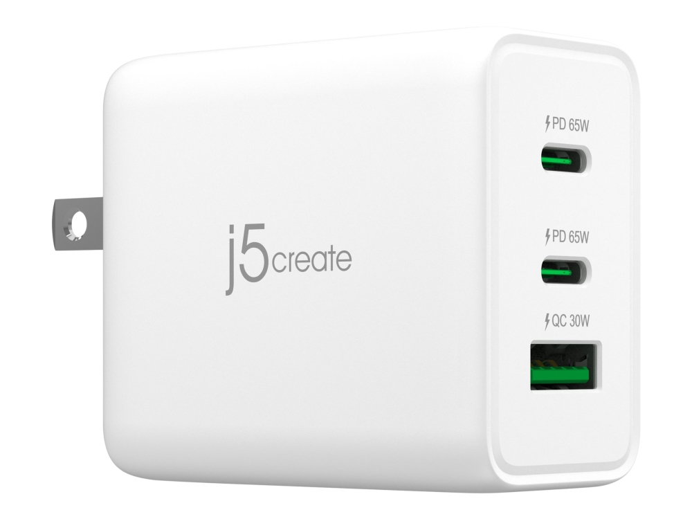 J5create - Strømforsyningsadapter - Gan-Teknologi - 65 Watt - 4.5 A - Pd 3.0, Qc 3.0 - 3 Output-Stikforbindelser (2 X Usb-C, Usb Type A) - Hvid - Den