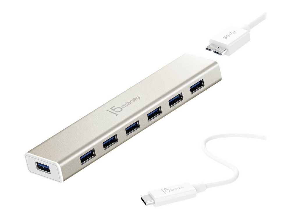 j5create JCH377-N USB-C® 7-porttinen KESKITIN - EU/UK, USB 3.2 Gen 1 (3.1 Gen 1) Micro-B, USB 3.2 Gen 1 (3.1 Gen 1) Type-A, 5000 Mbit/s, 2048 x 1152, Hopea, Alumiini