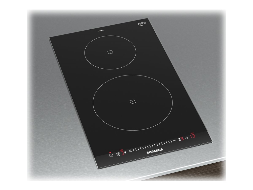 Siemens iQ100 EH375FBB1E - Induktionshäll - 2 kokplattor - Fördjupning - bredd: 27 cm - djup: 49 cm - med sidokanter i rostfritt stål, - med fasetterad framkant - borstad aluminium/svart | Vitvaror - Spishäll | GameStuff