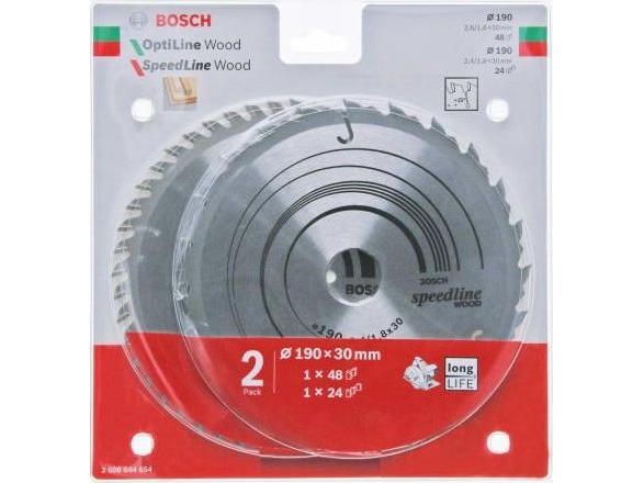 Bosch Piła Tarczowa Dwupak Optiline Wood 190X2,6/1,6X30x48z + Speedline Wood 190X2,4/1,8X30x24z