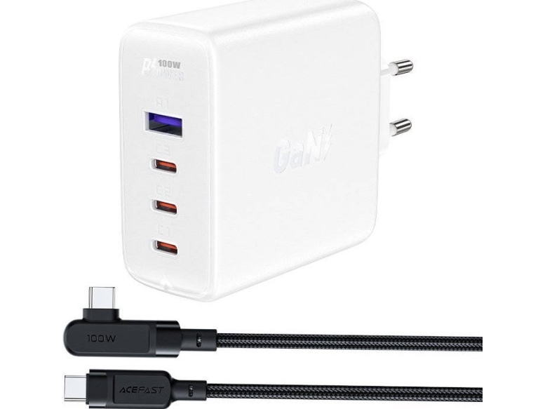 Acefast Gan 3Xusb-C/1Xusb-A 100W Fast Charger White + Usb-C - Usb-C 100W Angle Cable 2M White