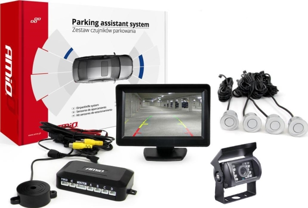 Amio Parkhilfe-System Tft01 4,3" Mit Hd-501-Ir Kamera, 4 Silberfarbene Sensoren