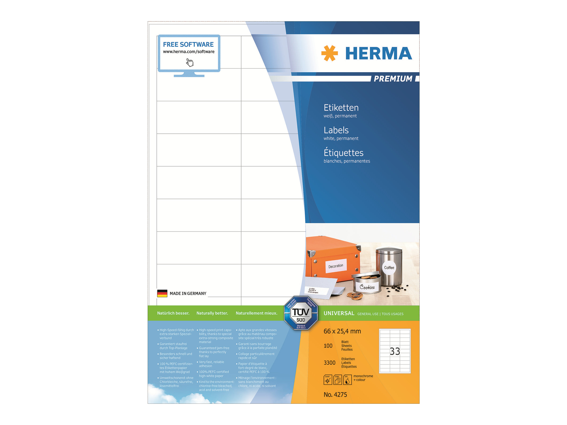 HERMA Premium - Papir - mat - permanent selvklæbende - hvid - 66 x 25.4 mm 3300 etikette(r) (100 ark x 33) laminerede etiketter