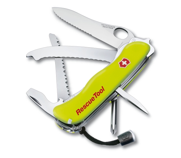 Victorinox Rescue Tool, Lukittuvateräinen veitsi, Monityökaluveitsi, Tylppä kärki, Ruostumaton teräs, Polyamidi, Keltainen
