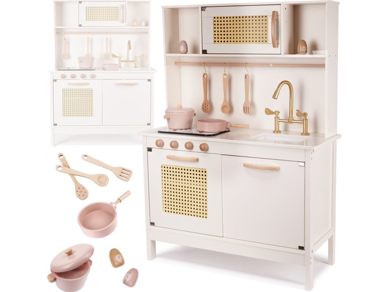 Legekøkken i træ med retro look og boho tilbehør - MDF, lys og lyd