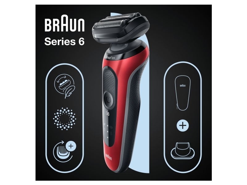 Braun Series 6 61-R1200s, Folienschaber, Schwarz, Rot, Sensoflex, Sensofoil, Tasten, Led, Akku