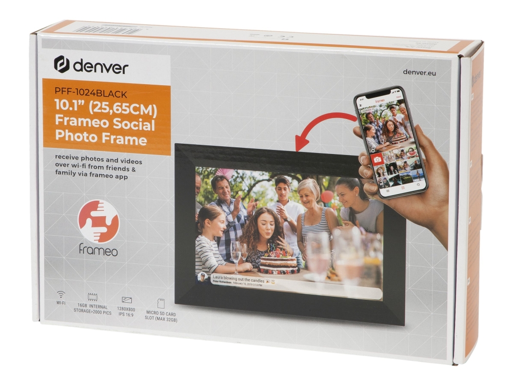 DENVER FRAMEO PFF-1024BLACK - Digital fotoramme - 16 GB - 10.1 - 1280 x 800 - sort