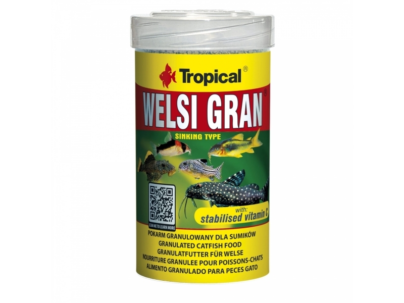 Tropical Welsi Gran, Akvariefisk, Tør fiskefoder, Granulat, Vitamin A, vitamin C, vitamin D3, vitamin E, Kobber, Jod, Jern, Mangan, Molybdenum, Selen