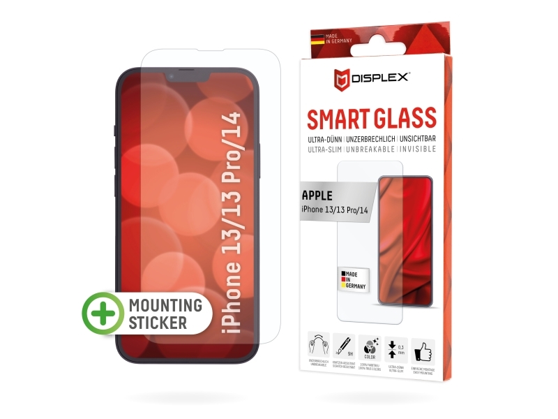 Displex Smart Glass (9H) Für Apple Iphone 13/13 Pro/14/16E/17E, Montagesticker, Unzerbrechlich, Apple, Iphone 13/13 Pro/14/16E/17E, Trockene Anwendun