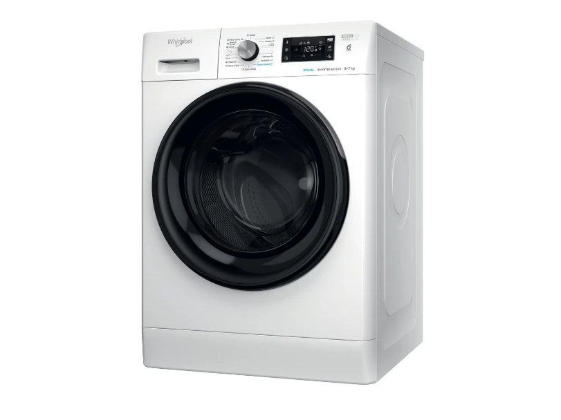 Whirlpool FFWDB976258BVEE, Frontmatet, Frittstående, Hvit, Venstre, Sort, Knapper, Rotasjon