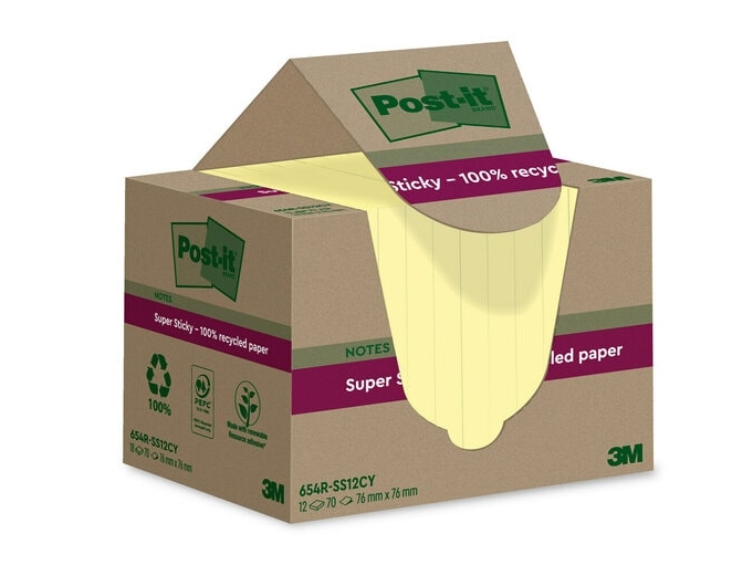 Post-it Super Sticky 100 % Recycled, kanariegule, 76 x 76, pakke a 12 stk