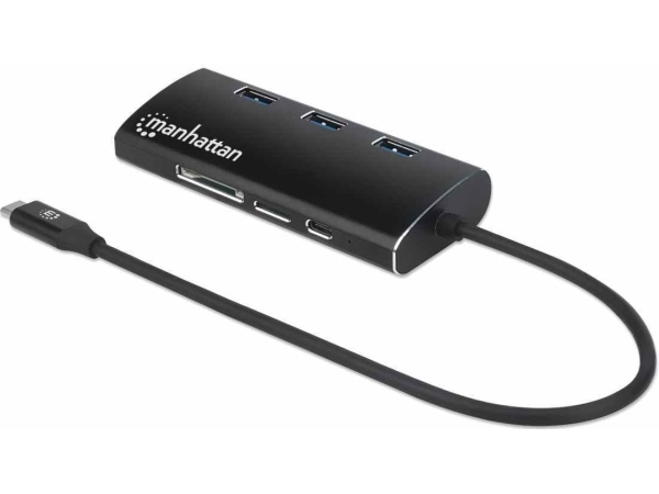 Manhattan Usb 3.2 Gen 1 Usb-C Multiport-Adapter, Usb-C-Stecker Auf Hdmi-Buchse (4K@30Hz), Drei Usb-A-Ports Auf Der Oberseite, Usb-C Power Delivery-Po
