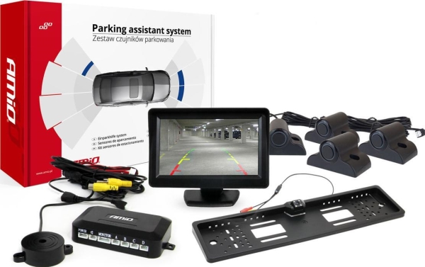 Amio Parkavimo pagalbos sistema TFT01 4,3 su HD-402-LED kamera, 4 juodi jutikliai, sunkvežimiams