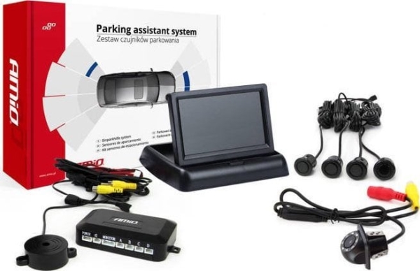 Amio Parkeringssensorsæt Tft02 4 3  " Med Kamera Hd 305 Led 4 Sensorer Sort Guld  "